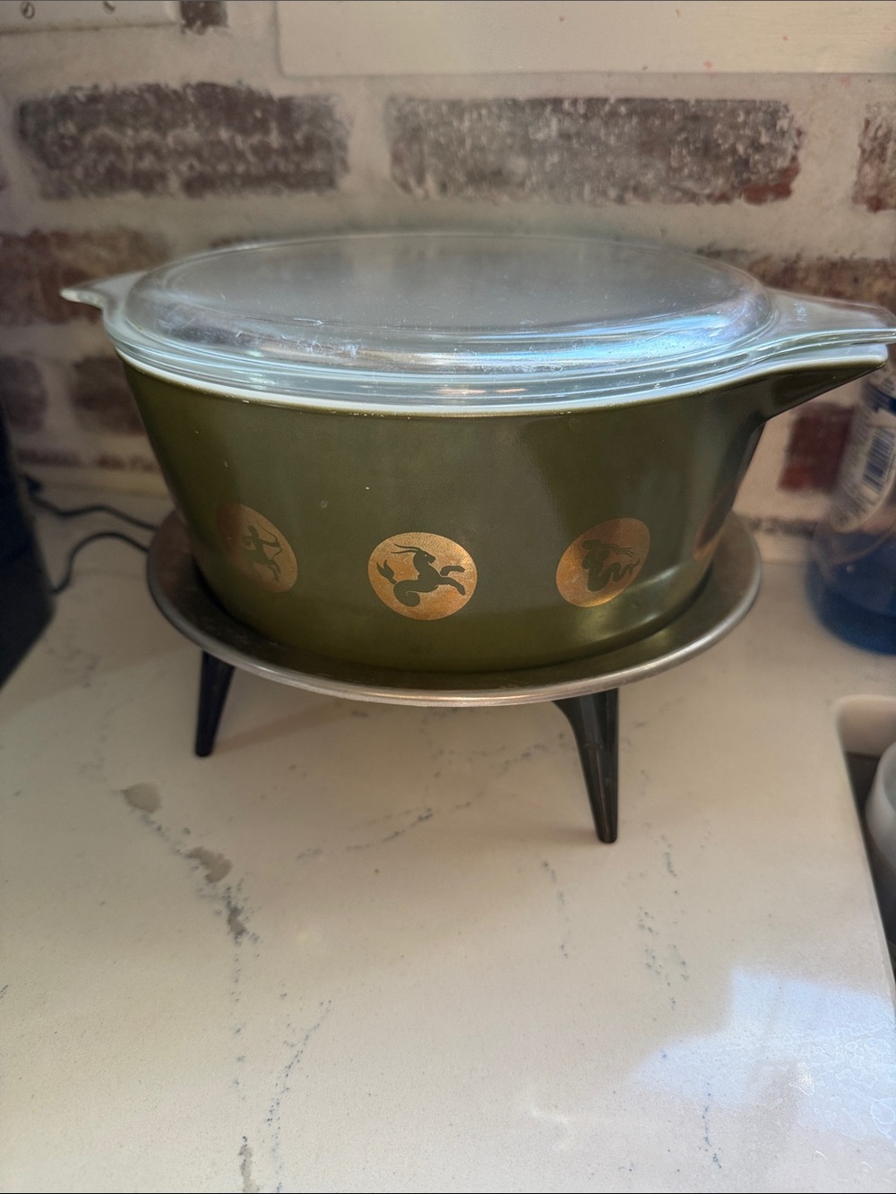 Olive Green Glass Casserole Dish with Lid - Zodiac Gold Motif Pyrex 1961